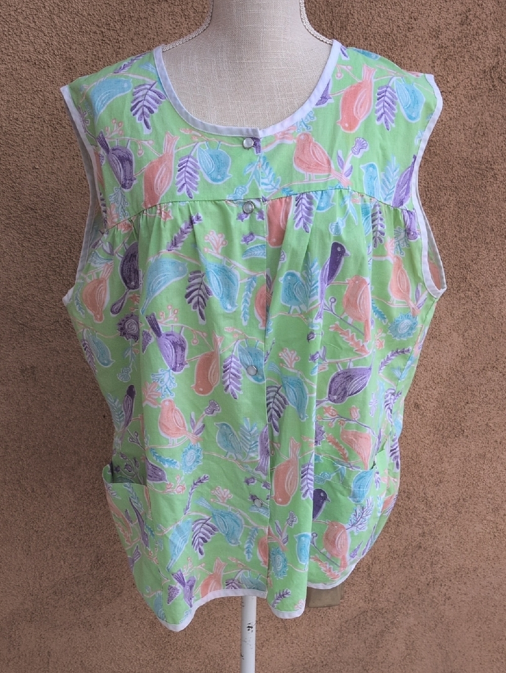 Anthony Richard's Floral Leaves Bird Print Cobbler Apron Pearl Snap Button Shirt
